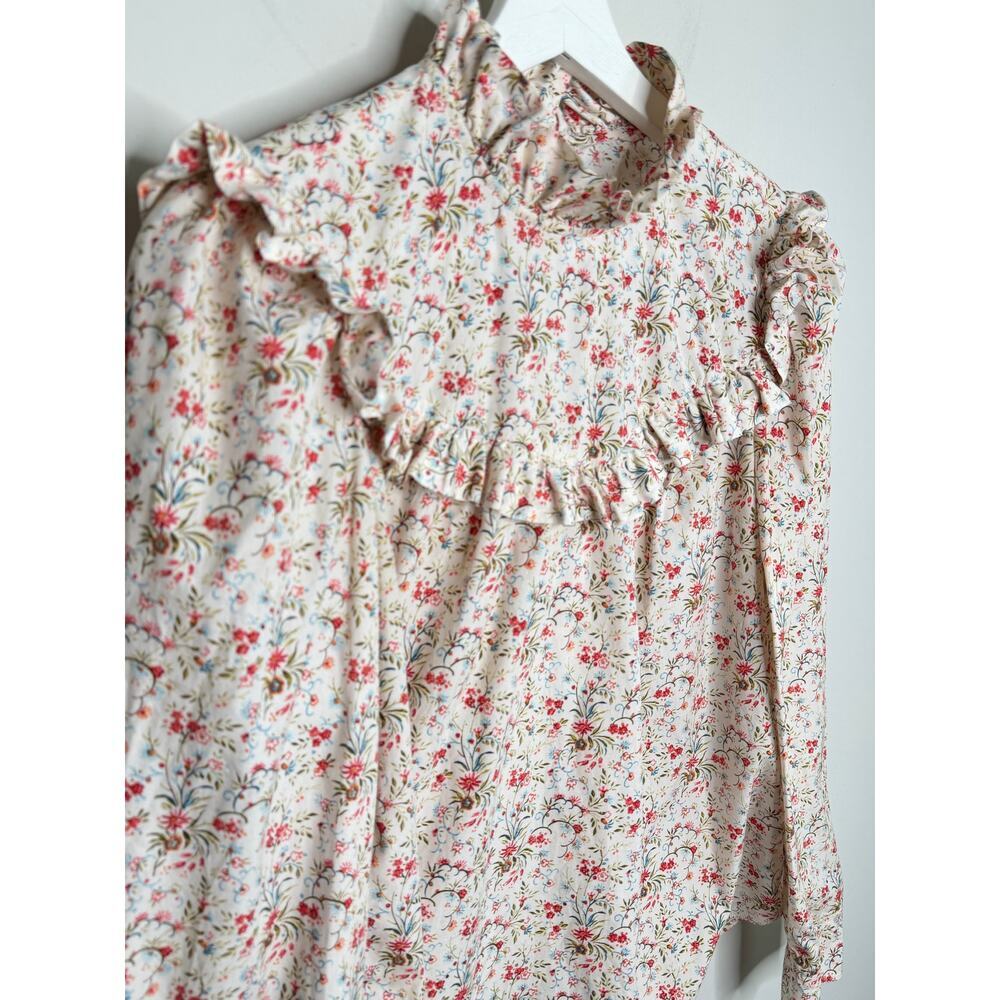 La Vie by Rebecca Taylor Floral Ruffle Neck Blouse Cream w/ Red & Green Small - Picture 5 of 12
